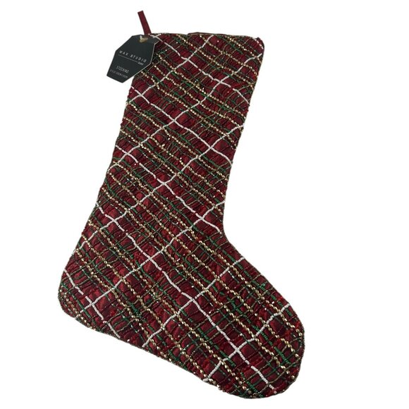 Max Studio Beaded Christmas Stocking Red 22" Holiday New Plaid Look - Picture 1 of 6
